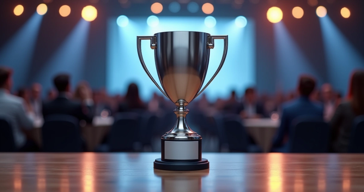Troféu de aço inox sobre mesa de evento corporativo