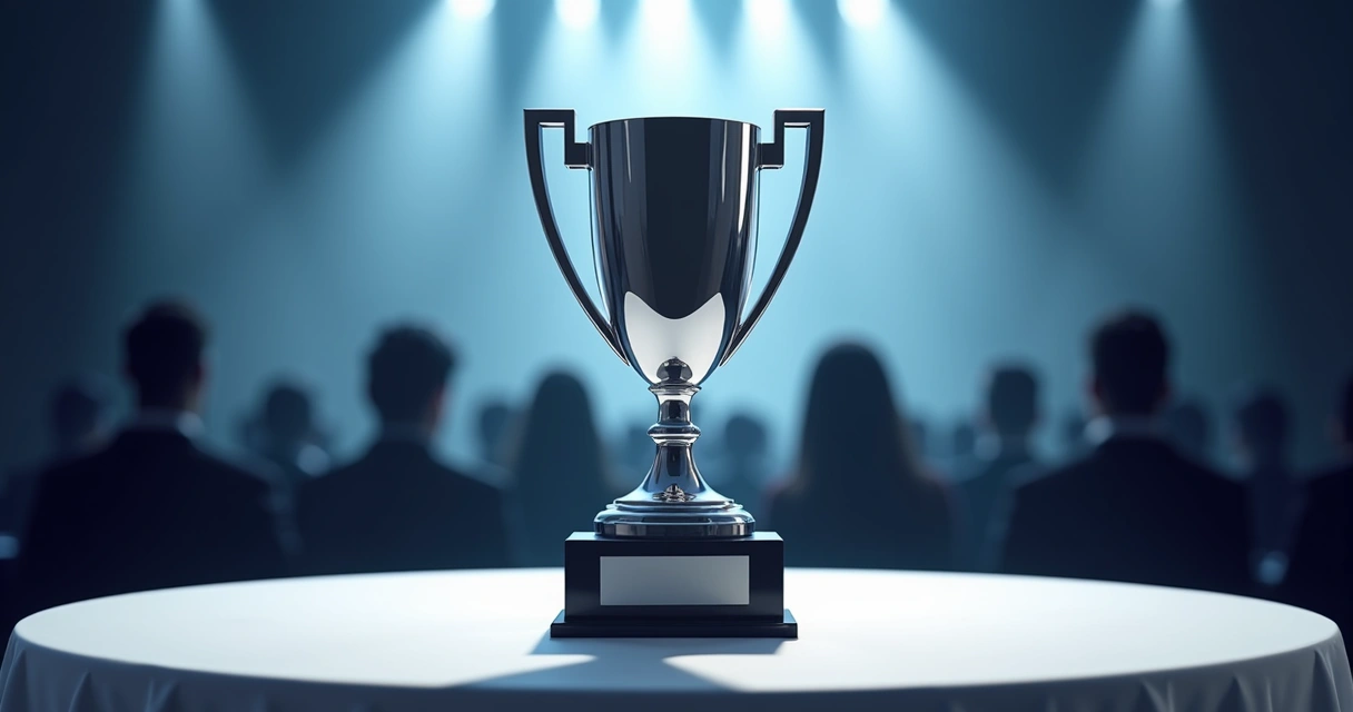 Troféu em aço inox sobre mesa de premiação corporativa 