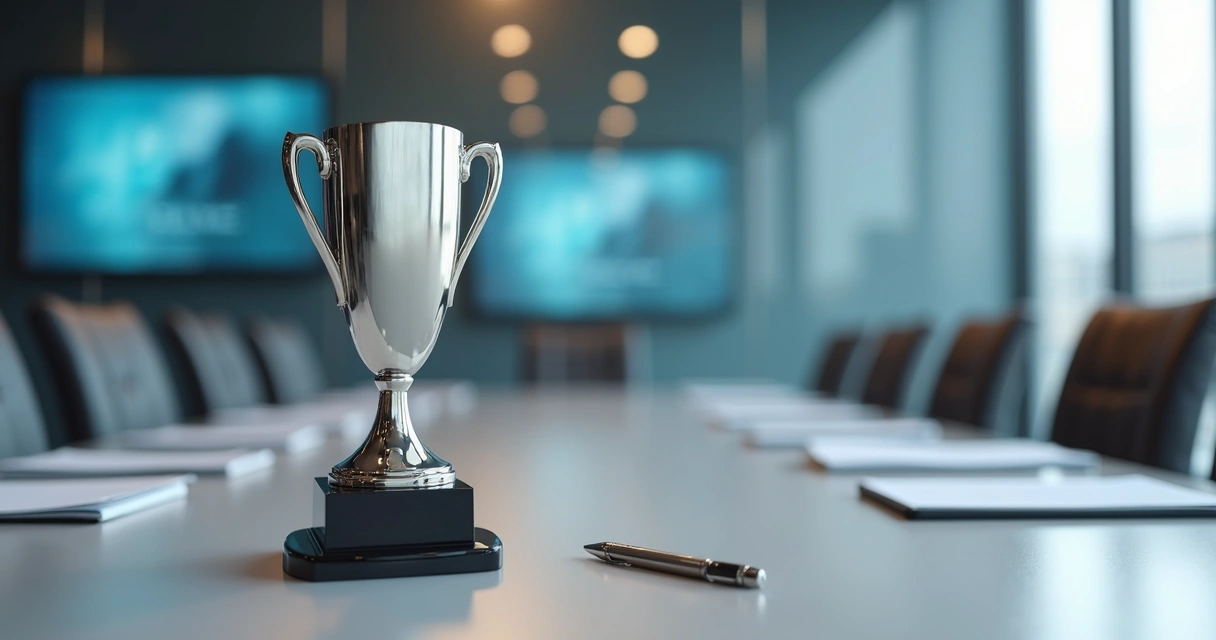 Troféu de inox em mesa de reunião corporativa 