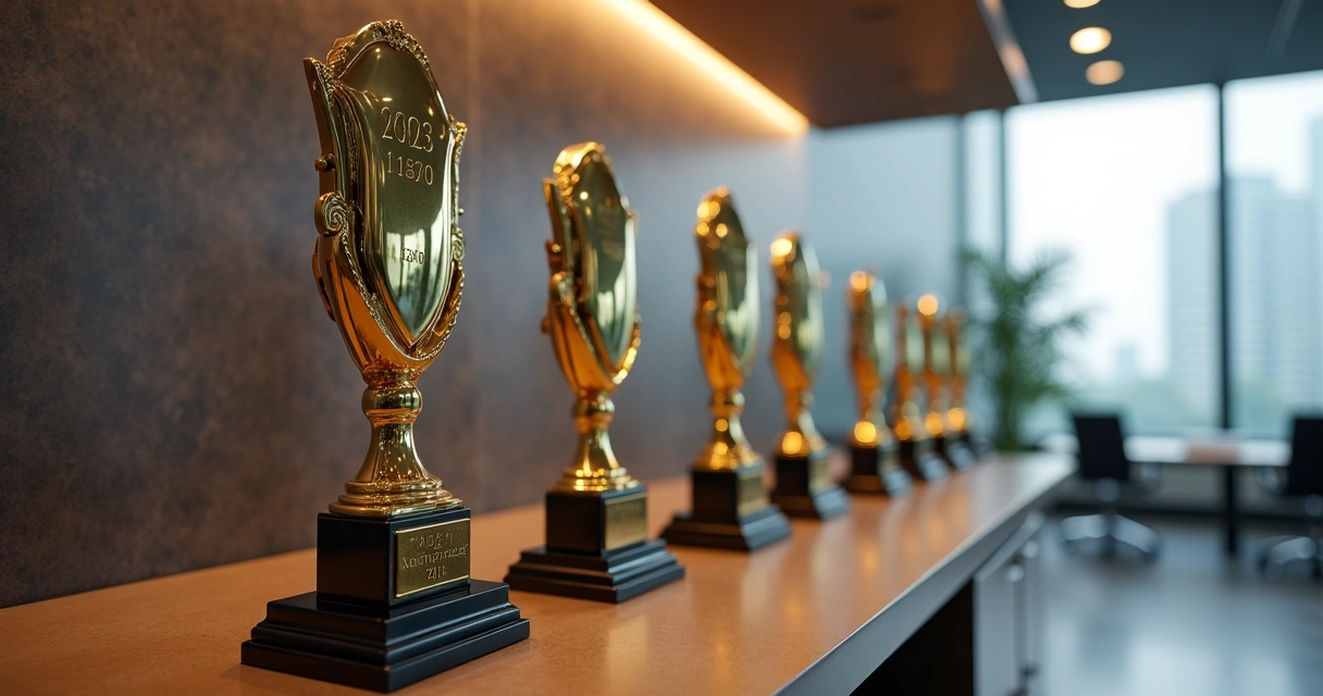 Troféu interativo com peças acopláveis em prateleira de escritório