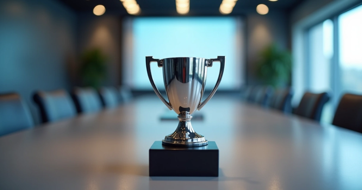 Troféu de metal em inox com base escura em ambiente corporativo 