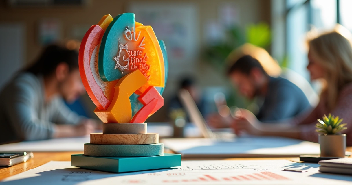 Troféu personalizado colorido com formas não convencionais sobre mesa de agência de publicidade 