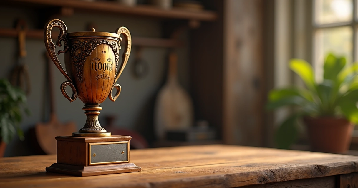 Troféu personalizado com detalhes de grãos e folhas agrícolas, sobre mesa de madeira rústica 