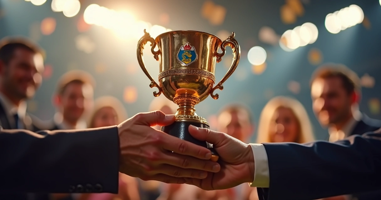 Troféu personalizado sendo entregue em cerimônia esportiva com fundo de pessoas comemorando. 