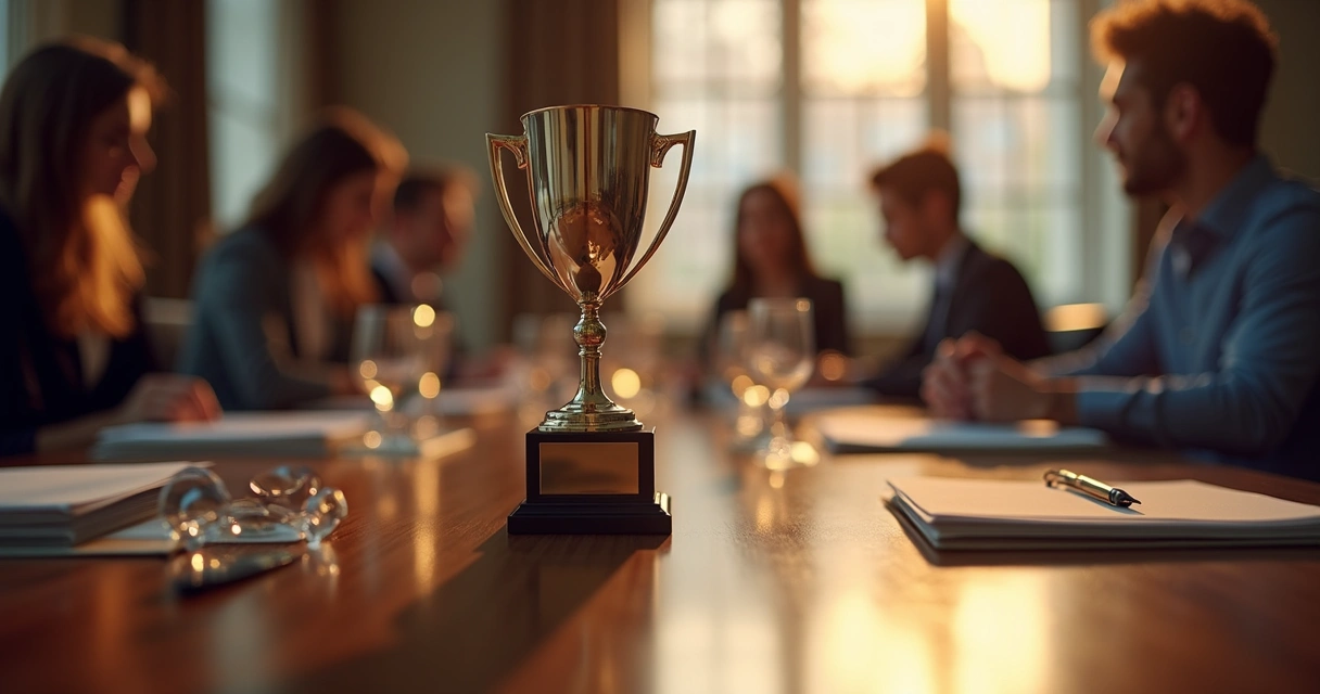 Troféu personalizado sobre mesa de reunião corporativa