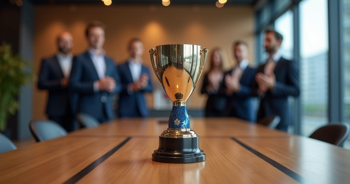 Troféu personalizado sobre mesa de escritório moderno 