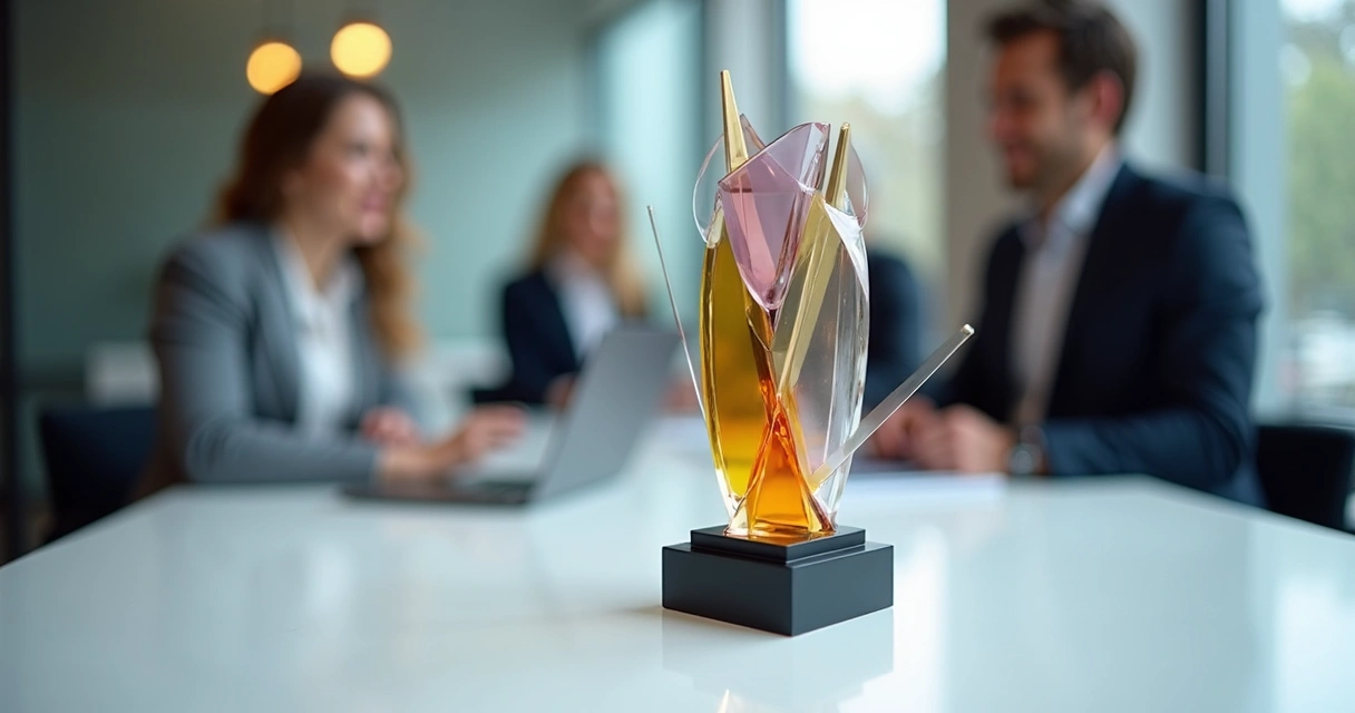 Troféu de design moderno usado em premiação de inovação 