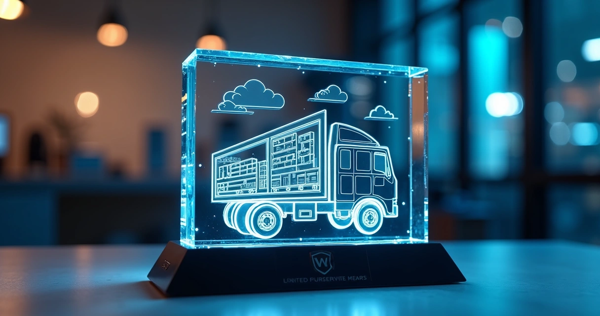 Troféu personalizado com símbolos de logística, caminhão e caixas 