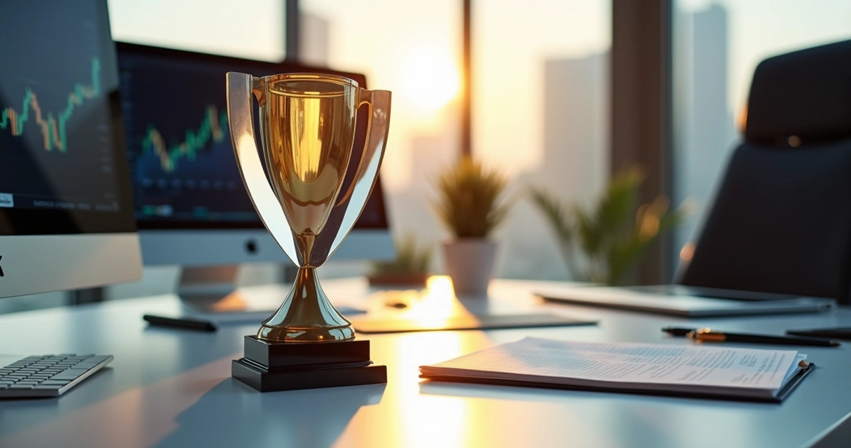 Troféu personalizado em acrílico e metal sobre mesa de escritório executivo, papéis e canetas ao redor, ambiente claro e sofisticado. 