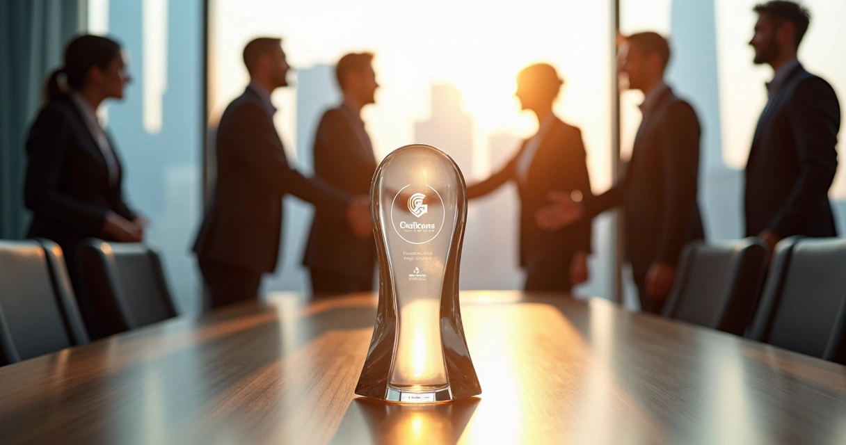 Troféu personalizado sobre mesa de reunião corporativa 