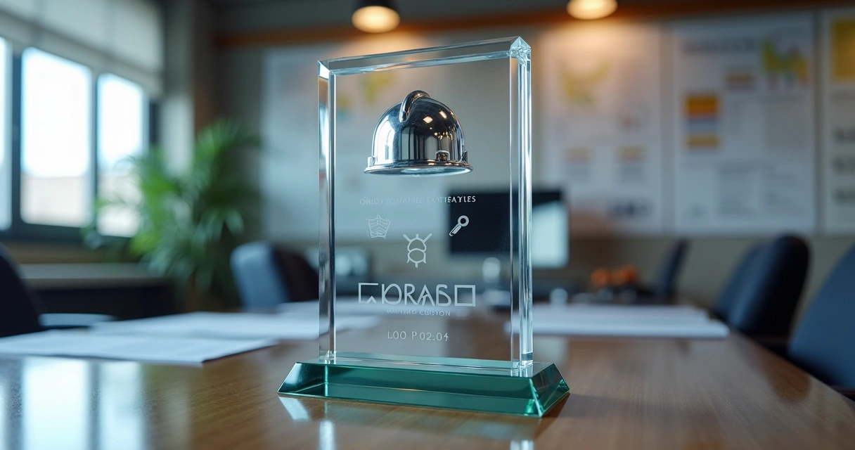 Troféu personalizado no escritório corporativo, com símbolos de segurança do trabalho 