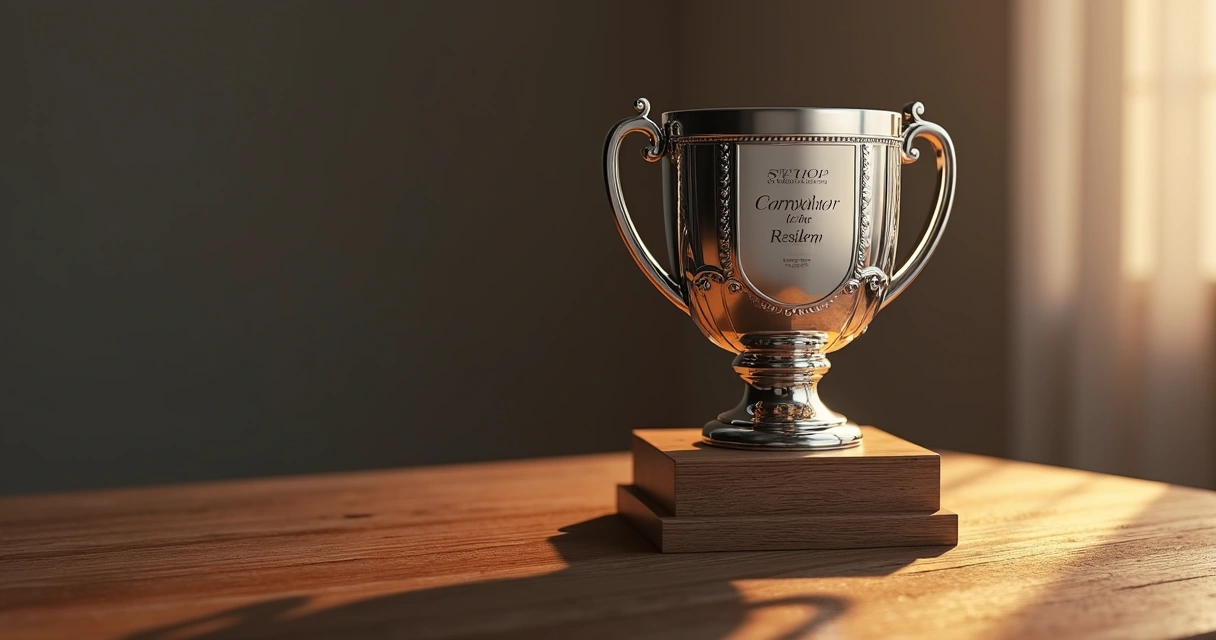 Troféu de premiação corporativa personalizado com detalhes de prata 