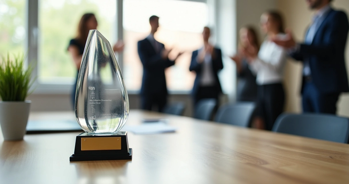 Troféu moderno em acrílico e metal com placa gravada, exposto sobre mesa de madeira clara em ambiente corporativo elegante 
