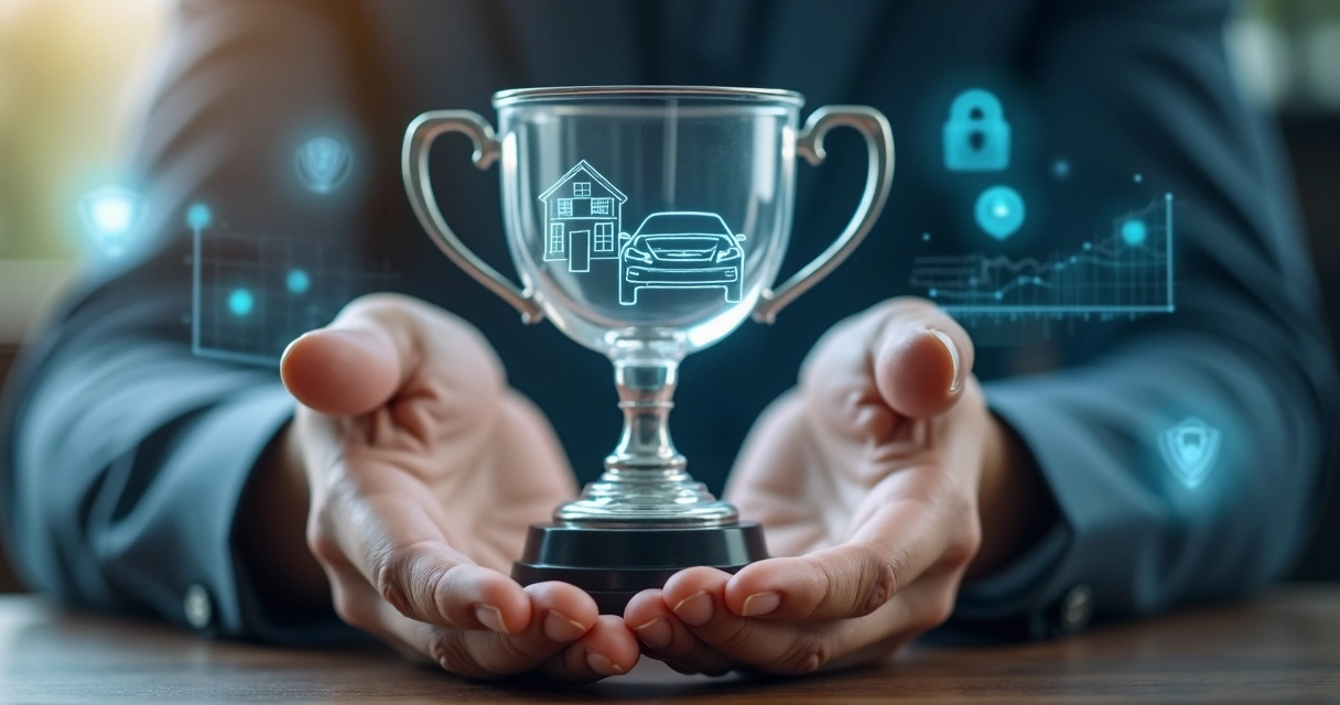 Mãos segurando um troféu com símbolo de casa e carro, simbolizando proteção de bens 