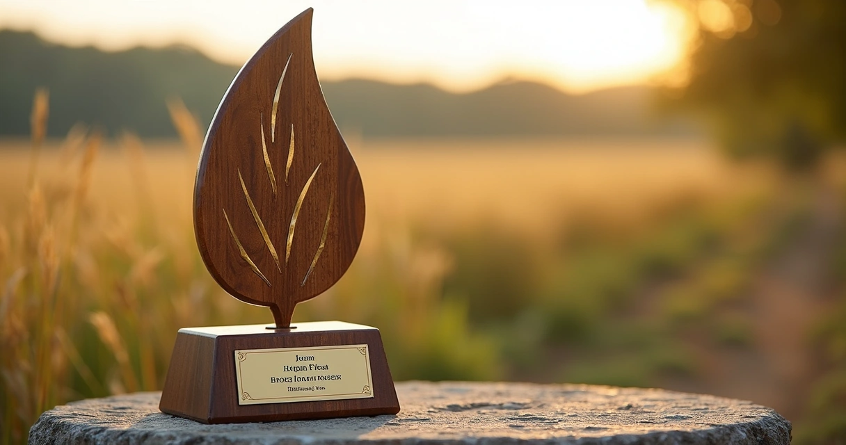 Troféu agrícola em madeira com detalhes em metal e formato de folha 