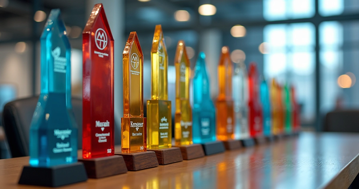 Troféus de acrílico colorido personalizados em prateleira 