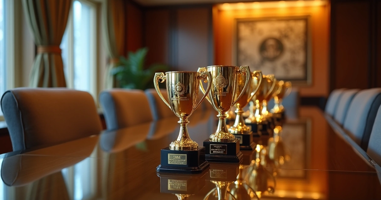 Troféus personalizados iluminados em uma mesa elegante, prontos para cerimônia institucional
