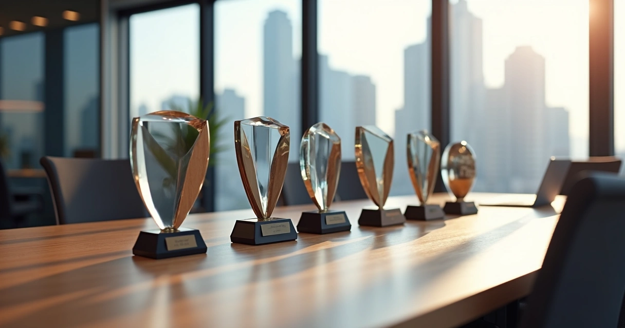 Troféus personalizados expostos em uma mesa de reunião em empresa 