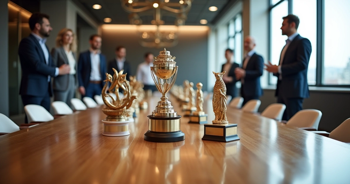 Troféus e esculturas corporativas sobre mesa de madeira clara 