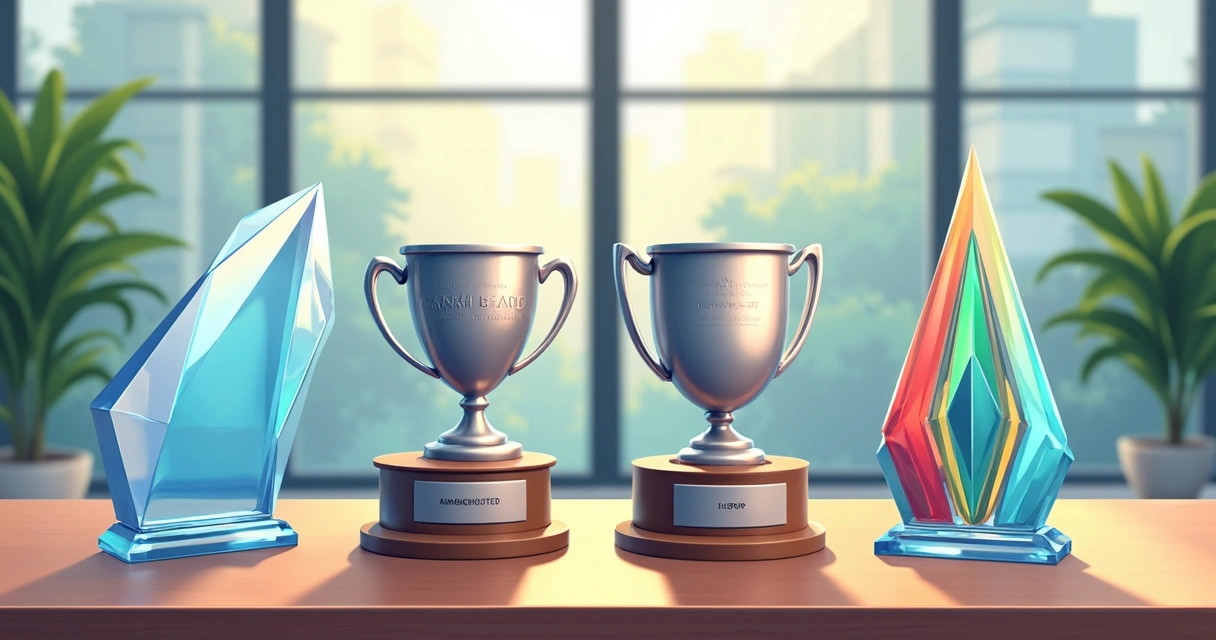 Vários troféus de acrílico, metal e madeira em uma mesa de escritório 