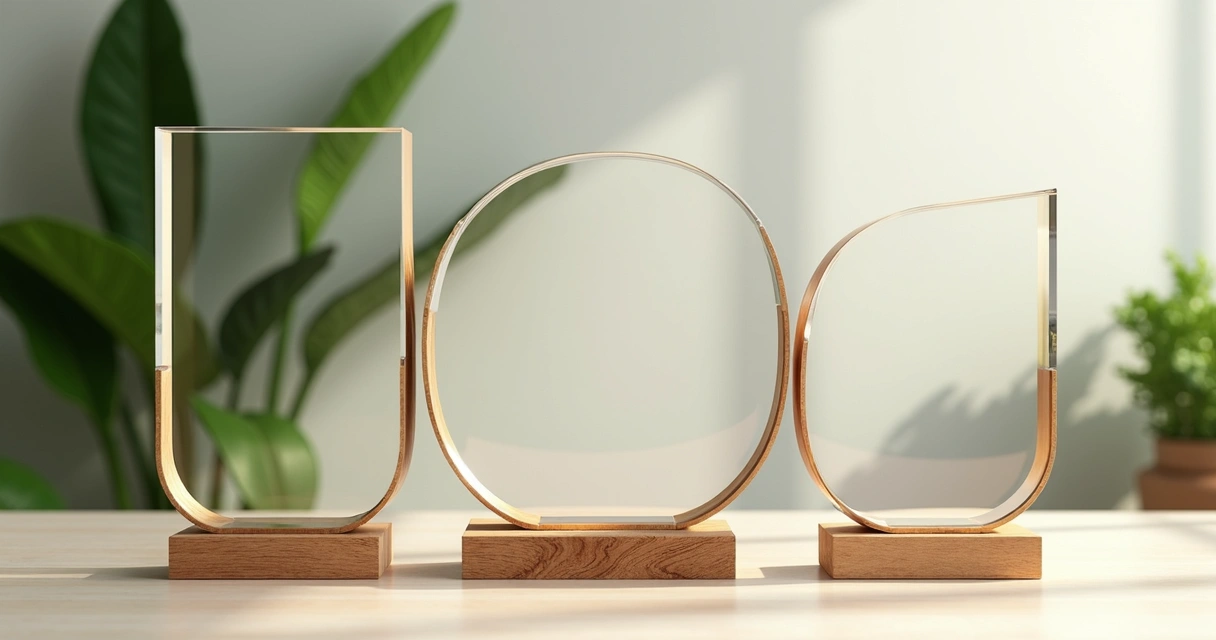 Troféus modernos feitos em madeira, acrílico reciclado e metal reutilizado, dispostos em uma mesa clara 