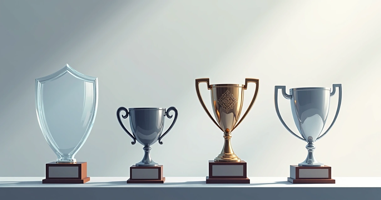 Diferentes tipos de troféus lado a lado, feitos de acrílico, metal, resina e cristal.