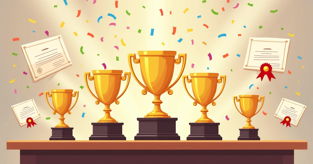 Troféus e medalhas sobre mesa cercados por diplomas de reconhecimento 