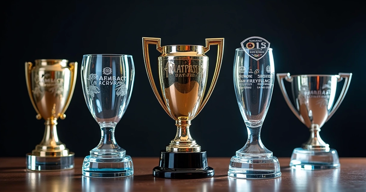 Vários troféus personalizados com design exclusivo e materiais diferentes, iluminados em estúdio. 