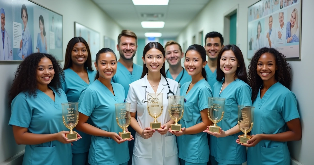Enfermeiros em clínica segurando troféus personalizados junto à equipe 