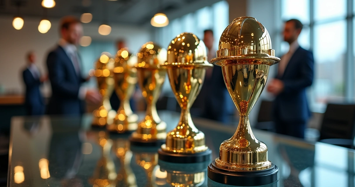 Troféus personalizados em forma de capacete de segurança no ambiente corporativo