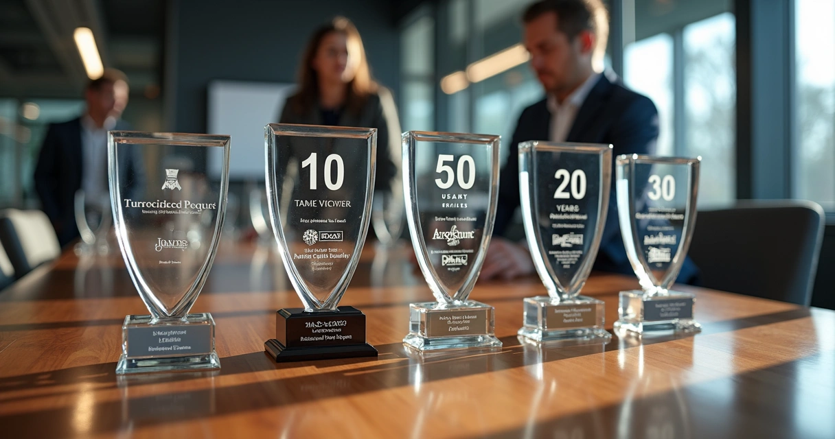 Troféus e placas personalizados para premiação empresarial sobre uma mesa de reunião 