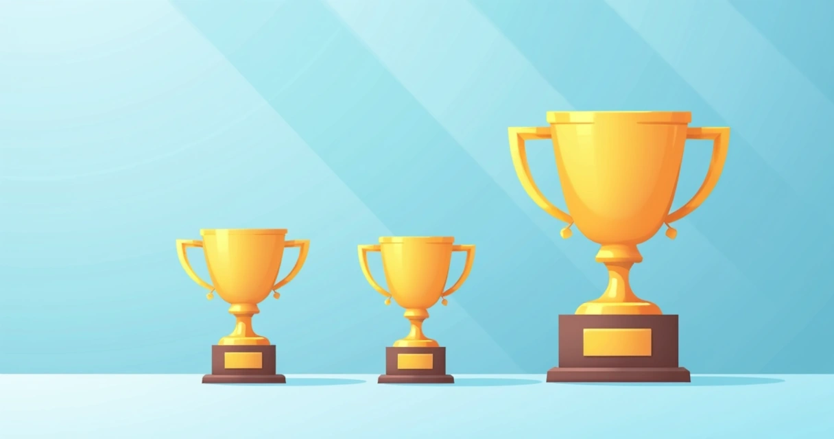 Três troféus alinhados de diferentes tamanhos, pequeno, médio e grande.