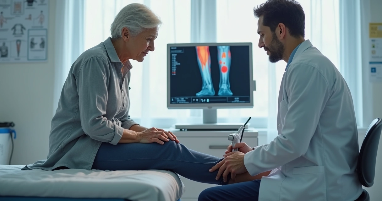 Paciente com dor na panturrilha recebendo avaliação vascular moderna 