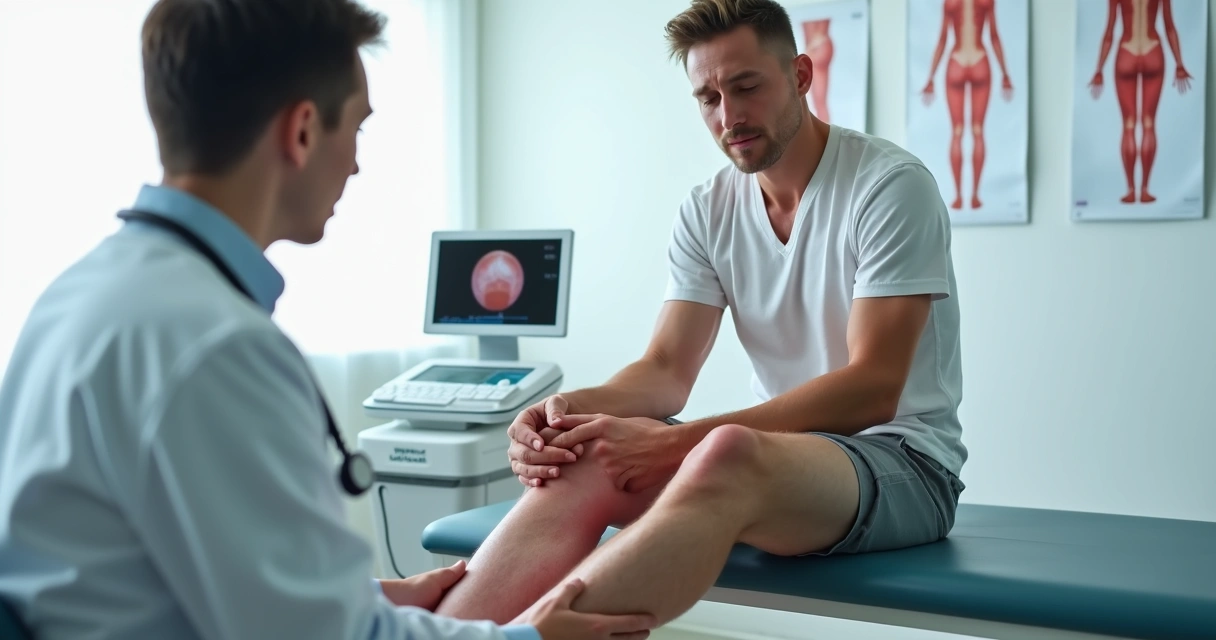 Perna inchada e avermelhada com médico avaliando dor na panturrilha 