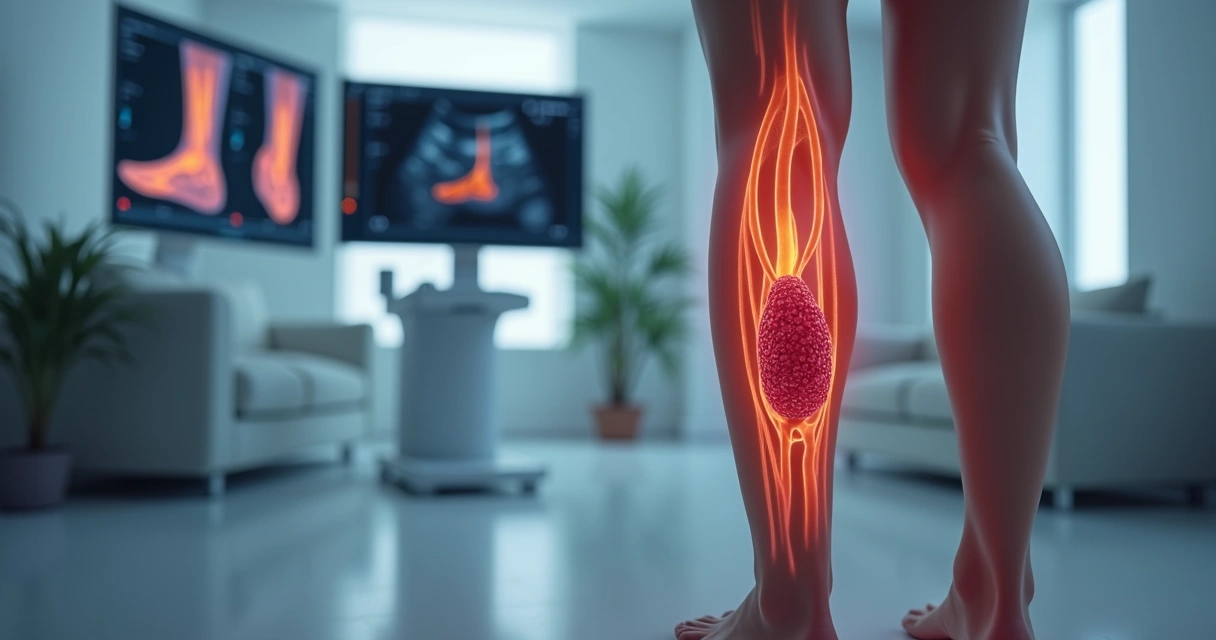 Ilustração médica realista mostrando trombo em veia da perna com destaque para tecnologia de diagnóstico e tratamento moderno 