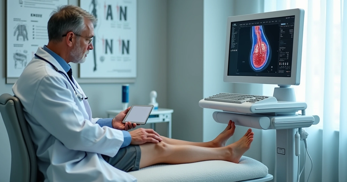 Médico vascular explicando trombo na perna com ultrassom em clínica moderna 