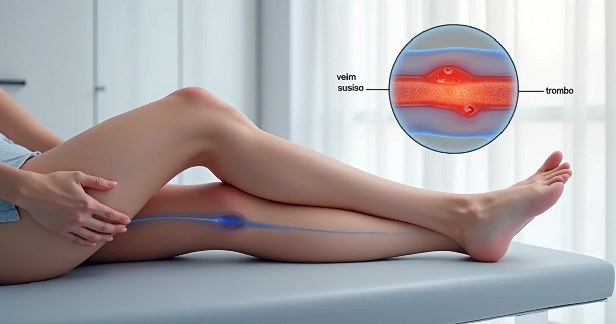 Ilustração médica realista mostrando tromboflebite em veia superficial da perna 