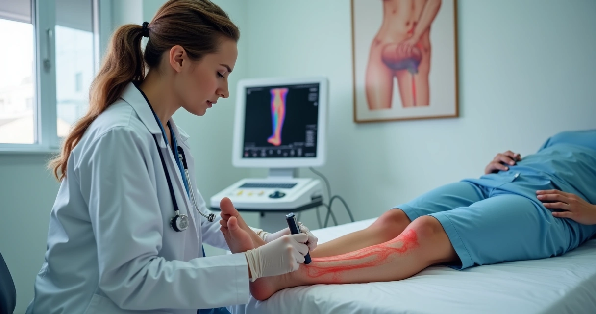 Médica vascular examinando perna com vermelhidão e veia endurecida por tromboflebite 