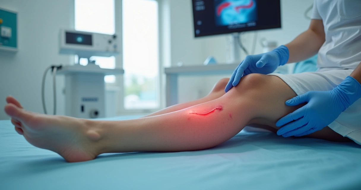 Perna com veia inflamada destacada em consulta vascular 