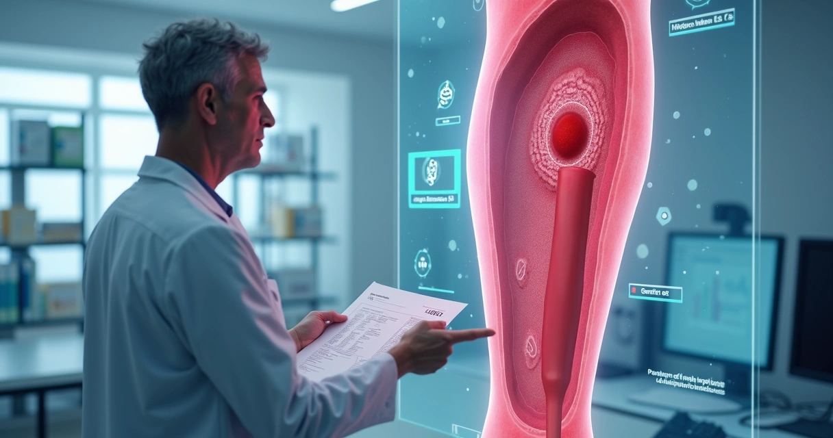 Médico analisa exame de sangue com destaque para vaso sanguíneo com coágulo oculto 
