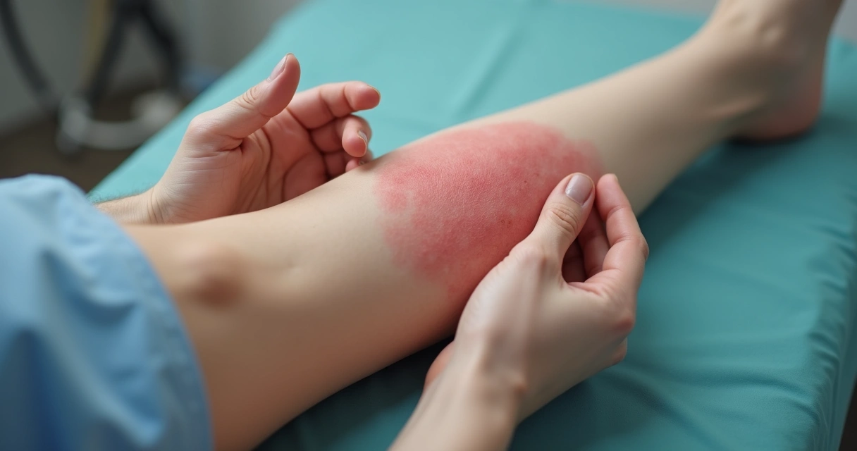 Perna com inchaço visível junto a marcas vermelhas 