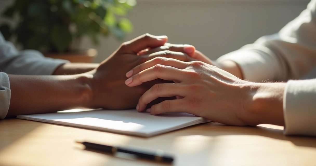 Hands gently holding over a table, symbolizing trust after conflict