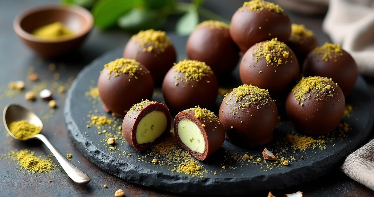 Trufas de chocolate com moringa e recheio cremoso sobre bandeja