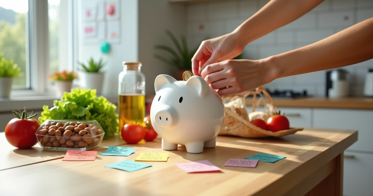 Mesa com cofrinho, alimentos frescos e itens simples simbolizando economia e qualidade 