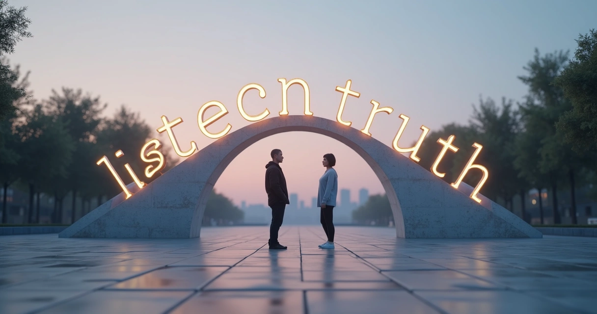 Two people talking on a bridge made of softly glowing transparent words 