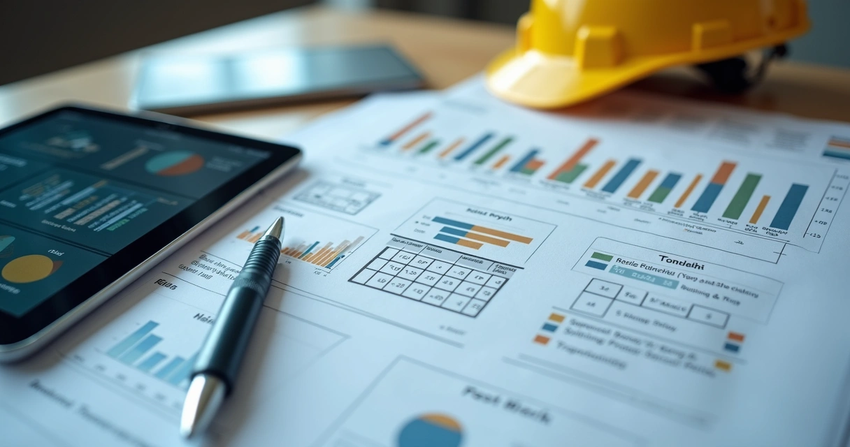 Project dashboard and site plans on a desk with safety helmet 