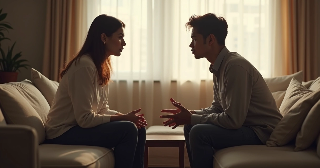 Two people in a living room having a serious discussion, focused expressions