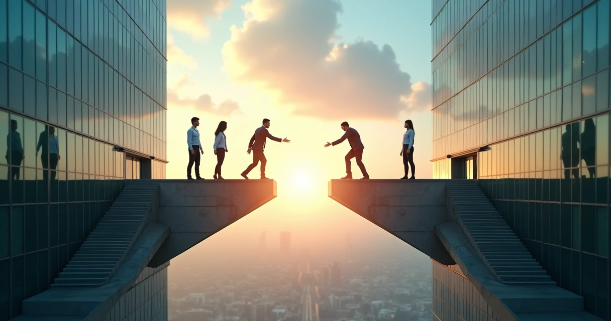 Colleagues on opposite stairs connecting two shifting office buildings 