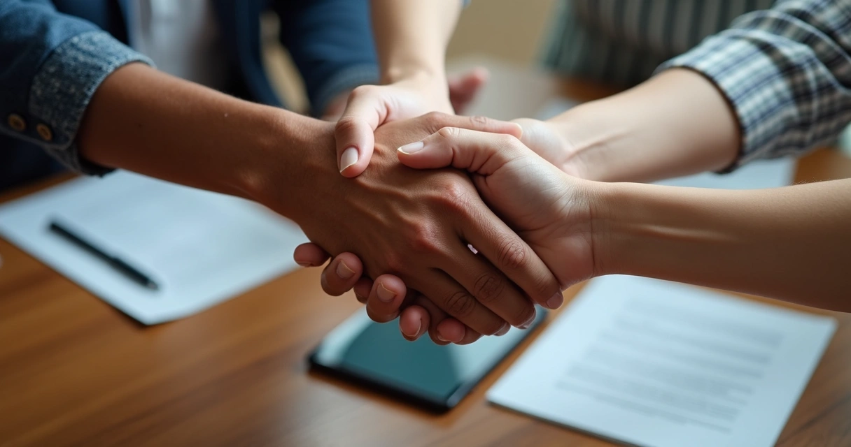 Team members joining hands during trust exercise