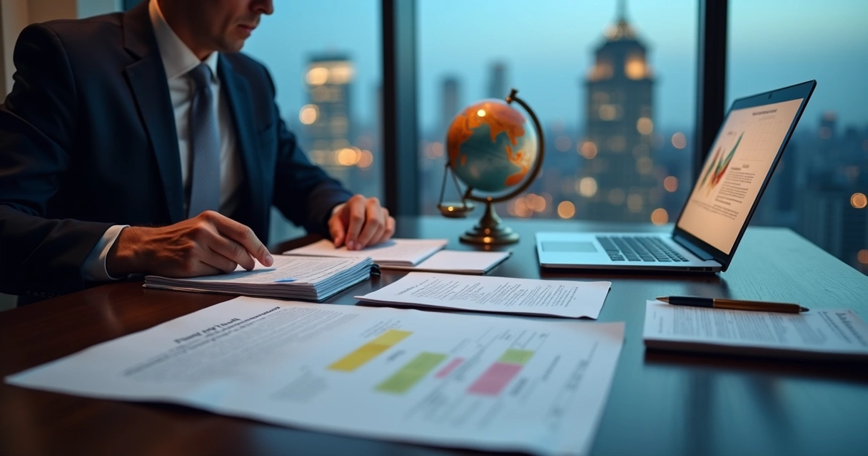 Advogado analisando trust familiar internacional em mesa com documentos e globo terrestre 